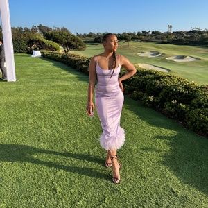 House of CB Orchid Satin Feather Trim Midi Dress